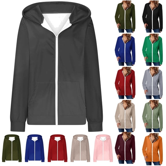 lcziwo Womens Full Zip Up Hoodies with Pockets Fall Casual Long Sleeve Sweat Jacket Solid Color Hooded Back to School Clothes Beige XXL, Camisas Para Hombres