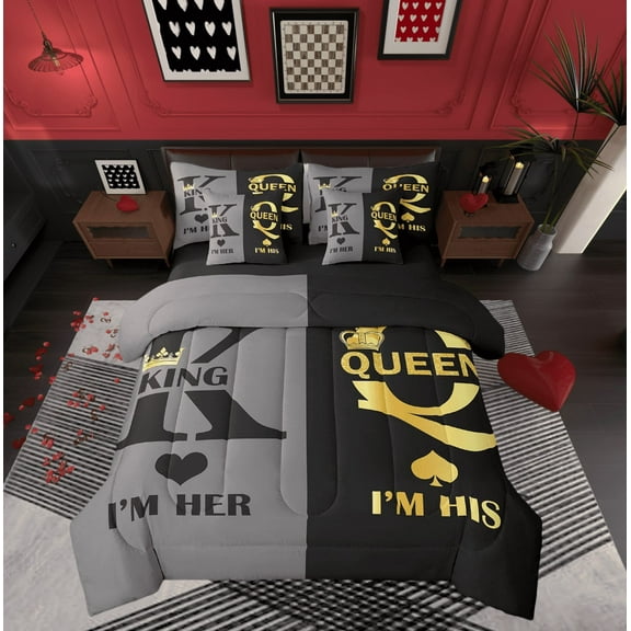 Romantic Love Theme 7 Piece Bed In A Bag Queen King And Queen Crown Bedding Set For Couple,Valentine'S Day Wedding Comforter Set Gifts For Her His,Mr Mrs Sheet Set With Comforter