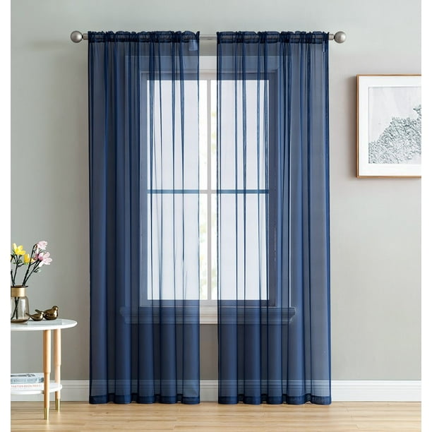 2pc Navy Blue Solid Sheer Voile Window Curtain Set, Two (2) Rod Pocket