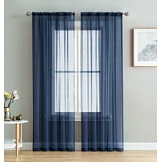 2-Piece Navy Blue Solid Sheer Voile Window Curtain Set, Two (2) Rod Pocket Panels 55"W x 84"L (Each)