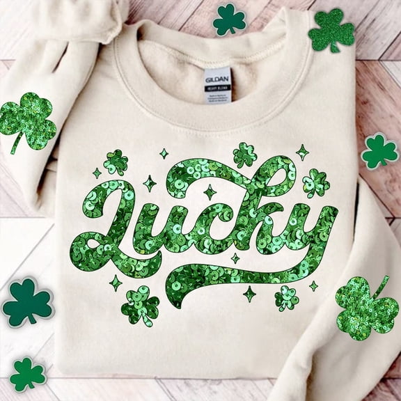 Lucky St Patrick's Day Sweater, Shamrock Retro Groovy, Irish Day Pullover, Lucky Clover Sweatshirt, Faux Sequin St Patty's Sweater