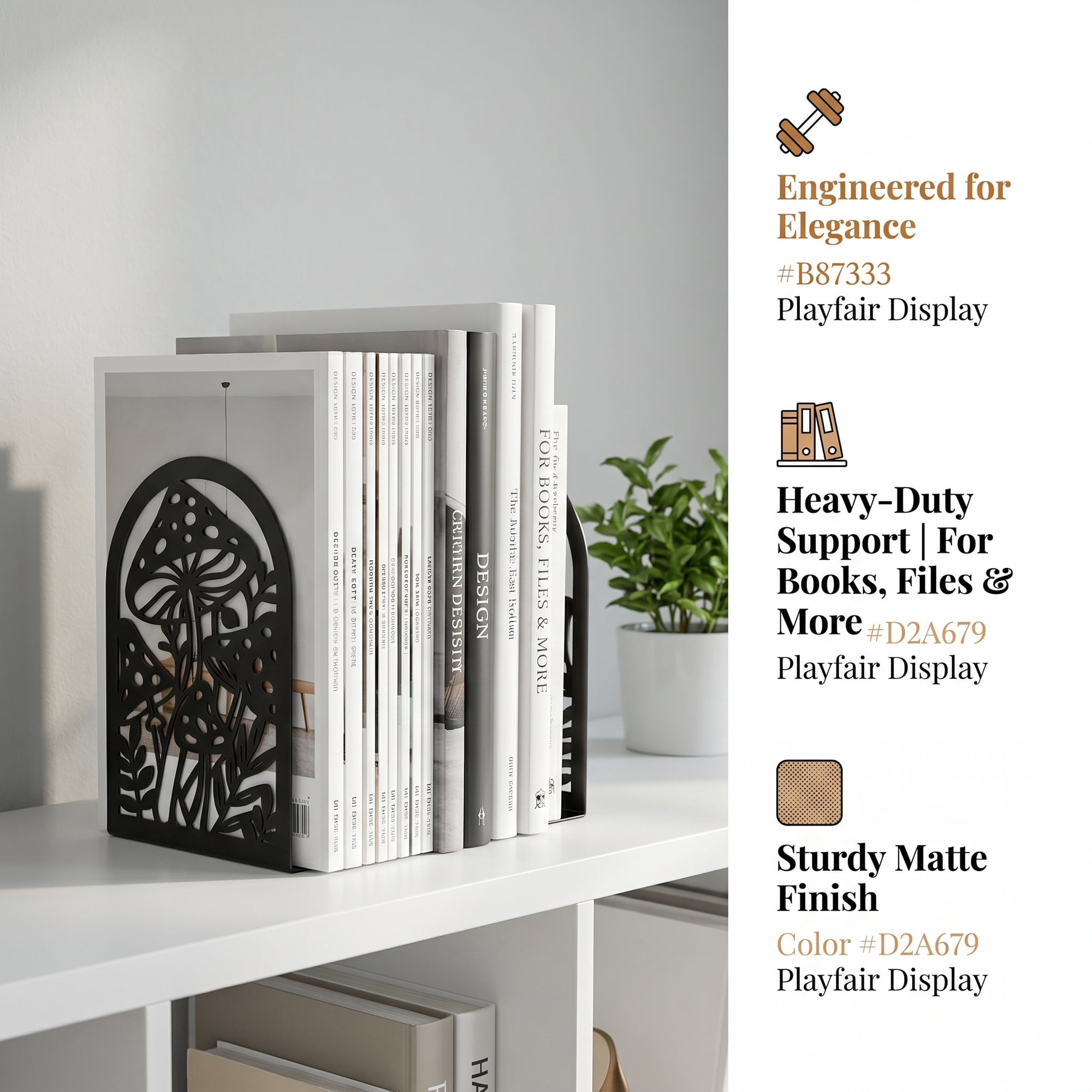 Unique Bargains Metal Tree Design Book Ends for Shelves Black Mushroom 4.7"x3.5"x6.8"