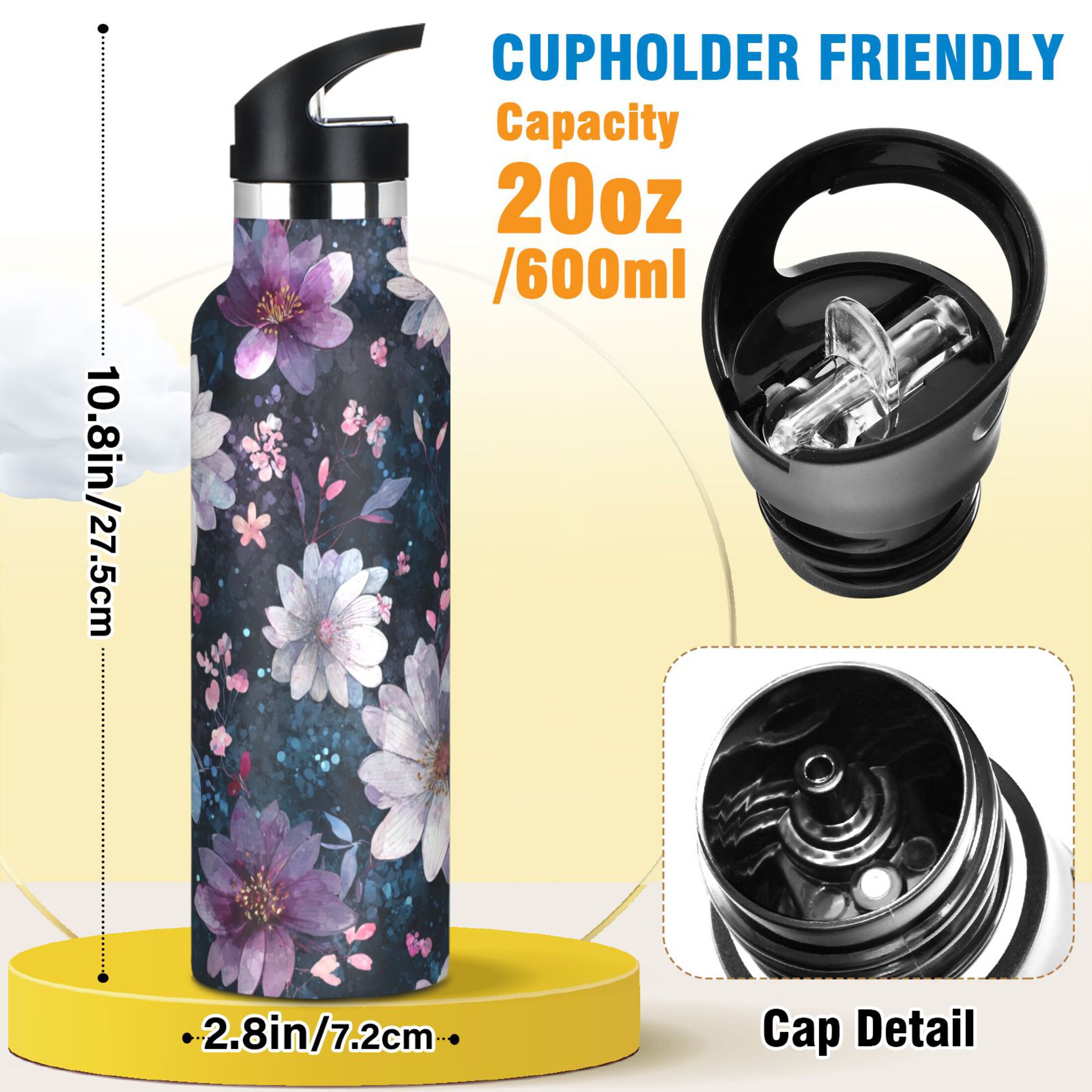 600ML Stainless Steel Insulated Cup Sports Water Bottle Portable Thermos Cup Water Glasses Insulated Tumblers Convenient and Durable Purple Flowers