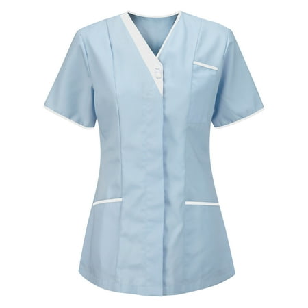

Scrubs Top for Women Short Sleeves Lapel Collar Button Front Workwear Uniforms Casual Slim Fit Solid Color Tunic T Shirt with Pockets