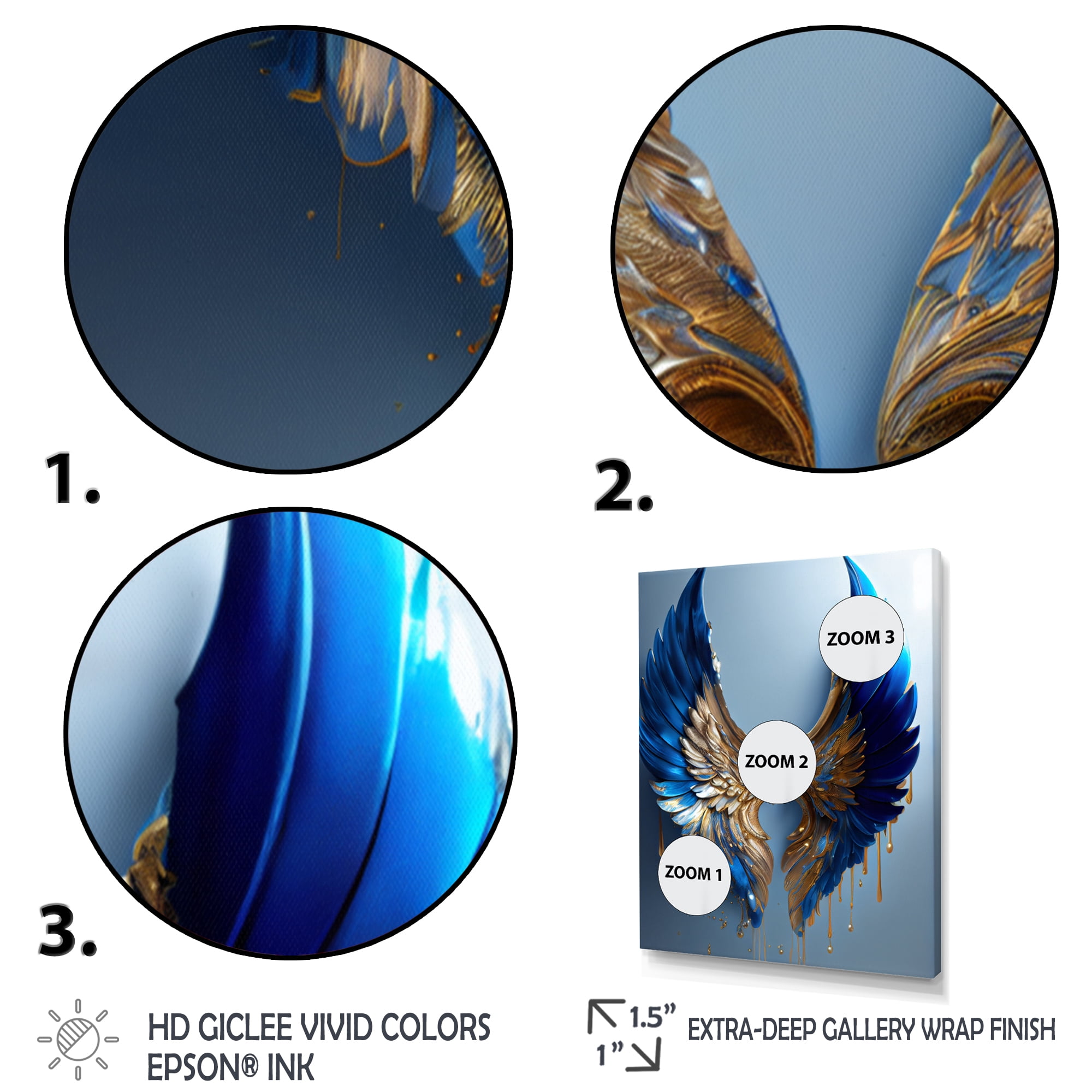 Designart Blue And Gold Angel Wings V Canvas Wall Art