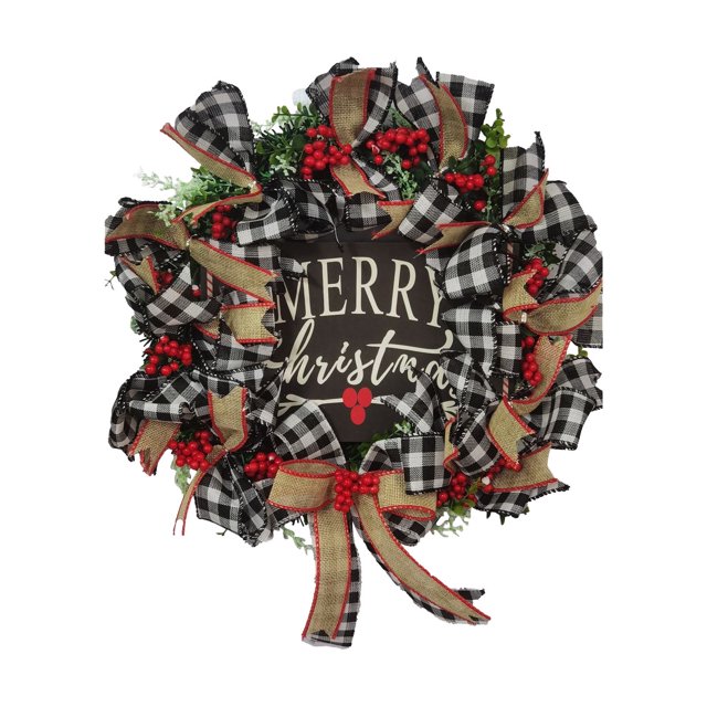 Corona navideña artificial decorativa con frutos rojos y bolas. Adornos navideños