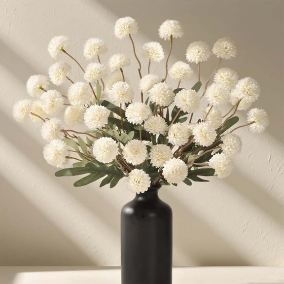 USPEED Fake Fall Flowers Faux Silk Pompon Mums, 10 Bulk Fake Mini Chrysanthemums with Stems, Artificial Kiku Flowers for Vase DIY Centerpieces Bouquet Floral Arrangements Decorations - White
