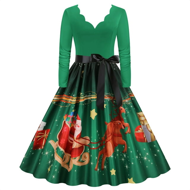 Robe Décontractée pour Femmes Manches Longues Col en V Noël Années 1950 Soirée Bal Plage Robe pour Occasions Élégantes