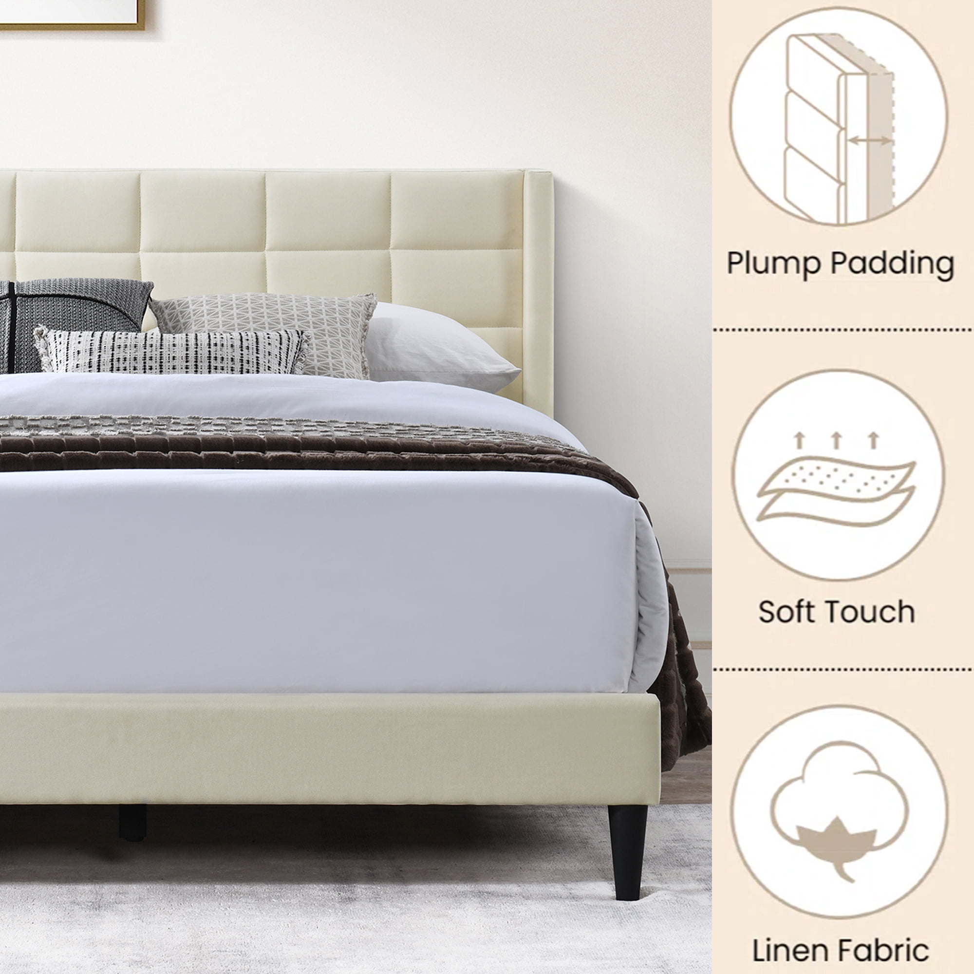 Alexent Full Size Upholstered Bed Frame | Linen Headboard, Metal & Solid Wood Construction, Sturdy & Comfortable Bed for Bedroom Dark | Beige