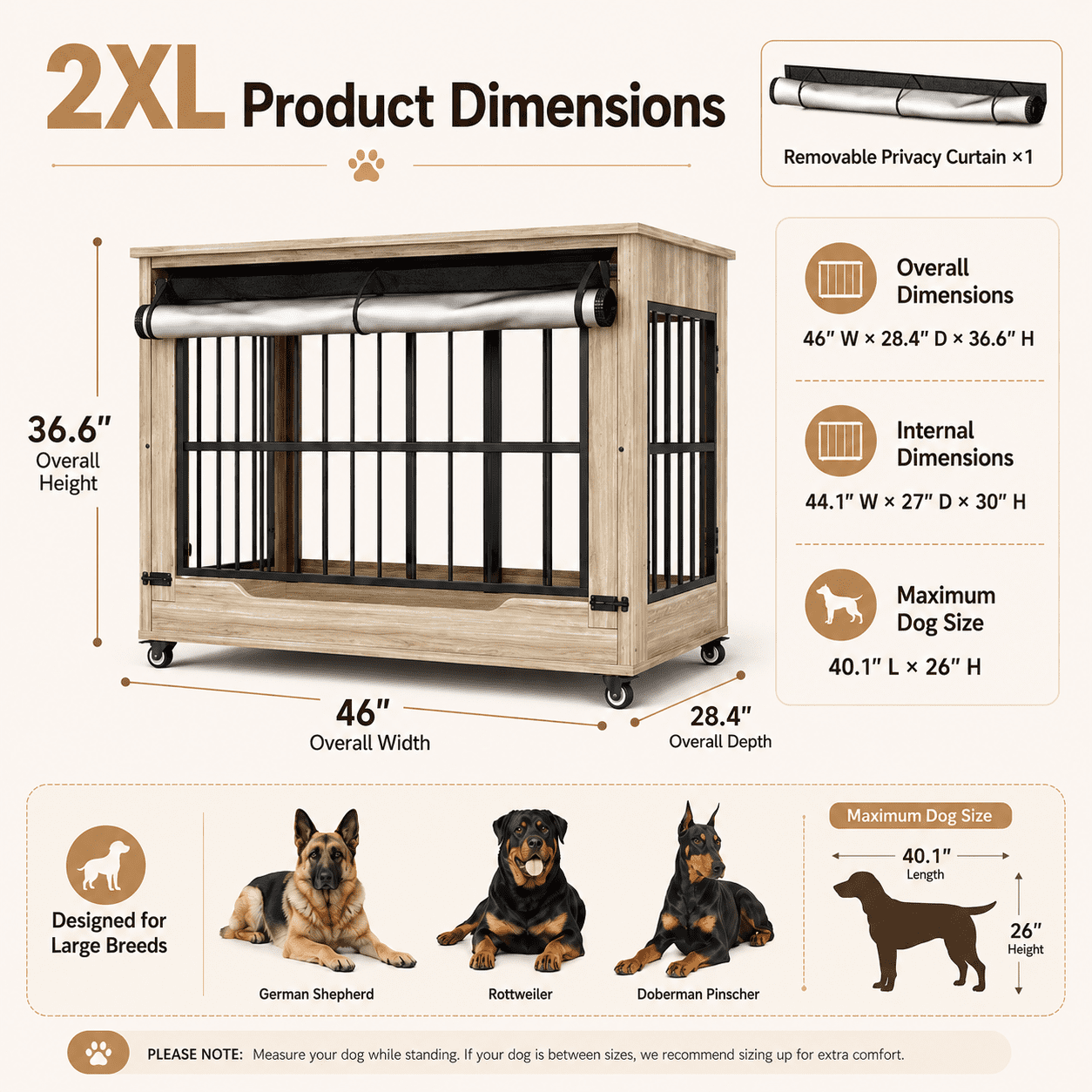 Aukfa 46-Inch Large Dog Crate Furniture, Indoor Dog Kennel Decorative Pet Cage End Table, Lift-Up Door, Curtain & Wheels,Greige