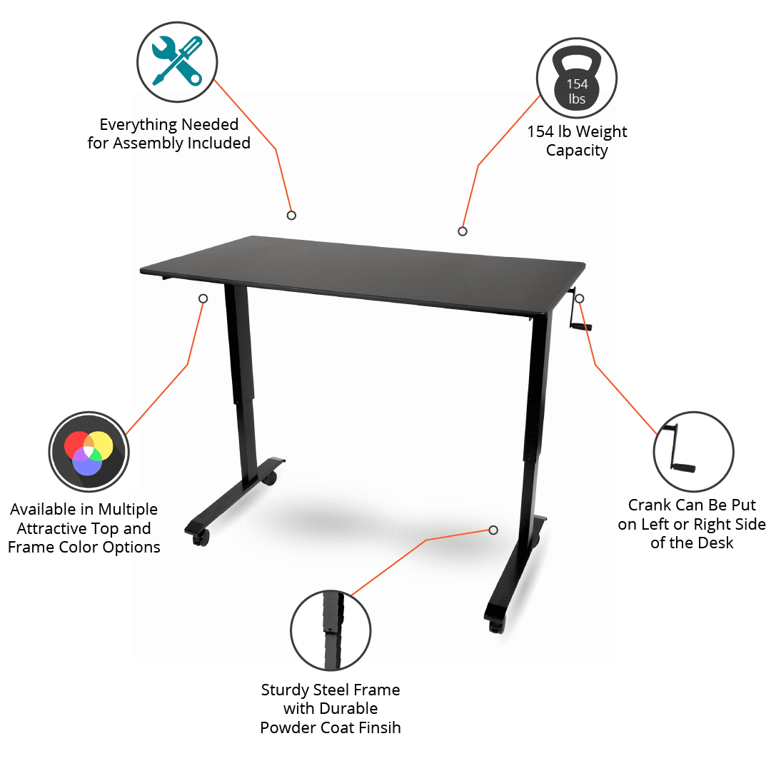 Stand Up Desk Store Crank Adjustable Height Rolling Standing Desk (Black Frame/Matte Black Top, 48" Wide)