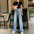 thumbnail image 4 of Women High Waist Drop Jeans Wide Leg Loose Straight Pants Summer Ladies Sty Blue Demin Trousers, 4 of 4