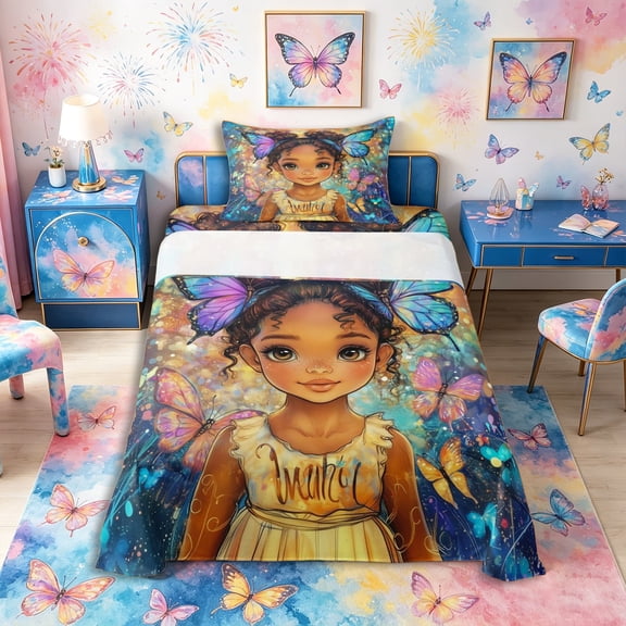 Castle Fairy Cartoon Black Girl Twin Sheets 3pcs,Watercolor Flying Butterflies Bedding,Brown Blue,1 Fitted Sheet, 1 Flat Sheet and 1 Pillowcase