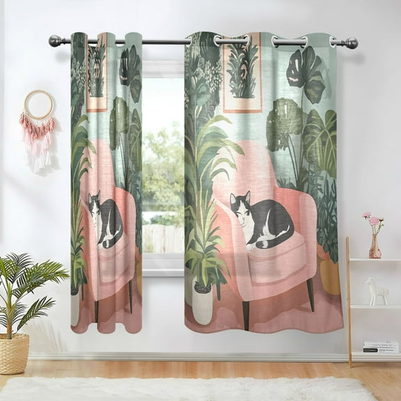 Yayeee Window Curtains Light Filtering 63"x42" Grommet Panel Pair Home Living Room Decor, Pink Sleeping Cat