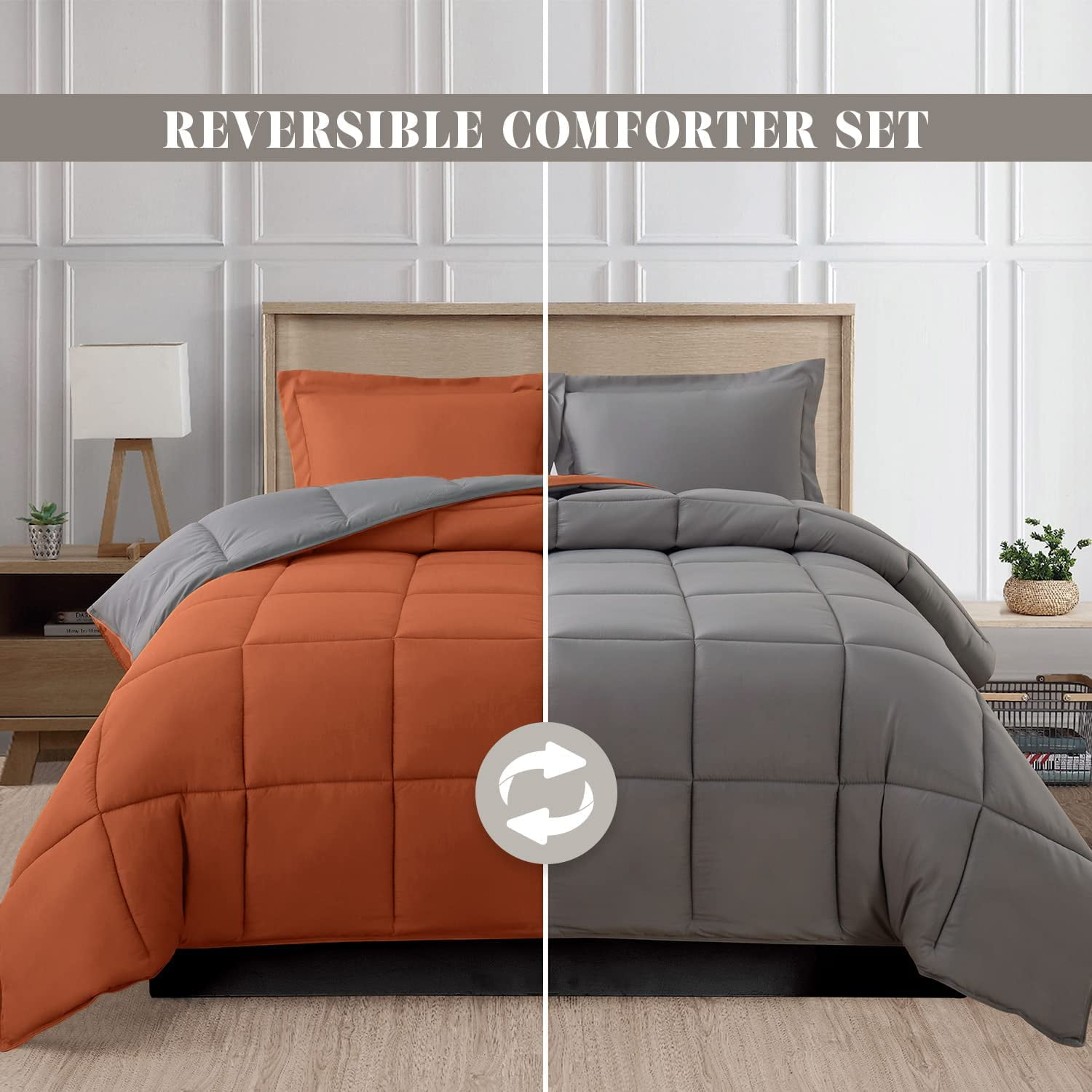 Elegant Comfort - NEW - 3-Piece Reversible Comforter Set, All Season Suitable, Box-Stitched Down Alternative, Twin/Twin XL, Coral/Gray