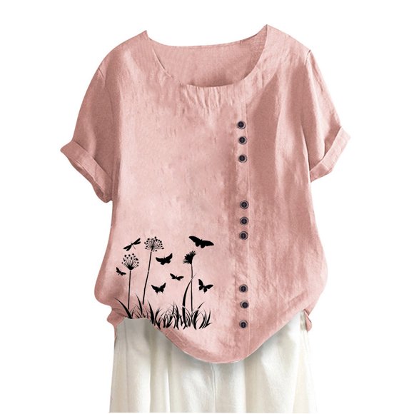 RKSTN Womens Summer Tops 2023 Fashion Cotton and Linen Loose Embroidered Floral Print Round-Neck Mexican Shirts Short Sleeve Casual Solid Color Blouse