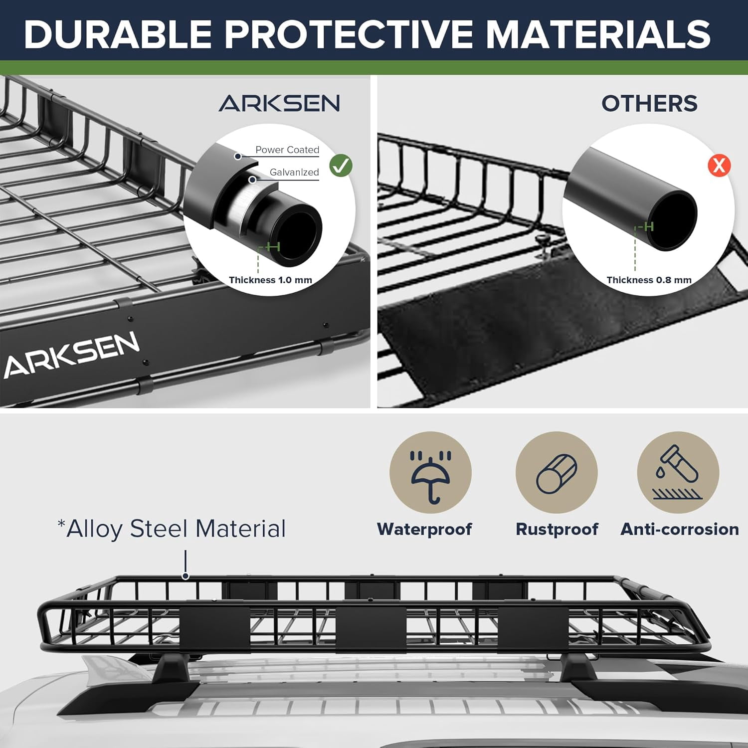 ARKSEN 64 x 39 x 5 Inch Upgrade Universal Roof Rack with Waterproof Bag, Cargo Net & 2 Ratchet Straps - 150Lbs Capacity Heavy Duty Cargo Carrier with Extension for Car, SUV & Pickup