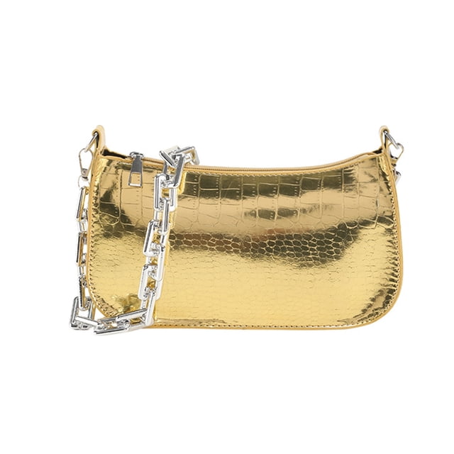 Bolso pequeño cuadrado con cremallera informal en contraste de moda de nueva tendencia, bolso de mano de cuero artificial simple dorado