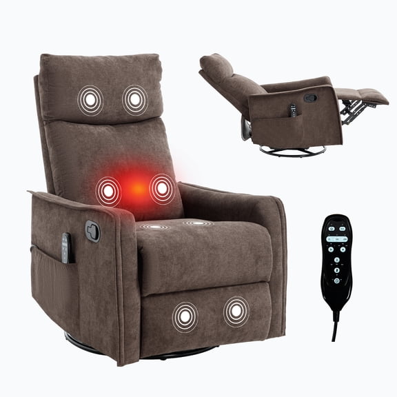 Heat Massage Manual Recliner Chair with Rocker and Swivel, Fabric Upholstery, for Living Room, Brown