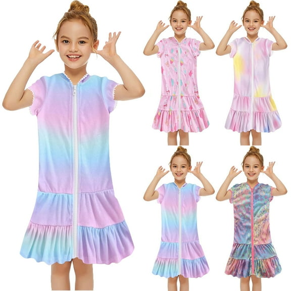 Swimming Suits For Girls 2 Piece Swim Cover Up Girls Multicolor Short Sleeve Ruffle Bathing Suit Hooded Zip-Up Terry Swimsuit for Toddler Kids