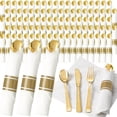 thumbnail image 1 of Juego de cubiertos de plástico dorado Joyido para 200 invitados con servilletas, 1 of 9