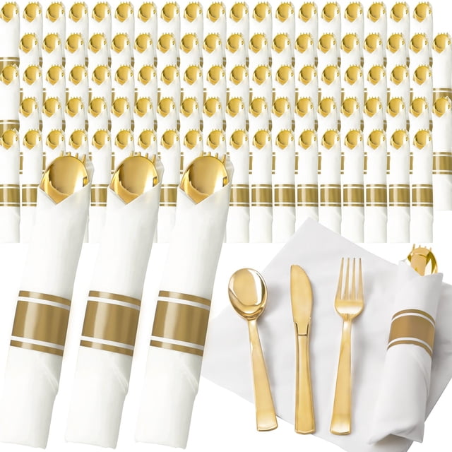 Juego de cubiertos de plástico dorado Joyido para 200 invitados con servilletas