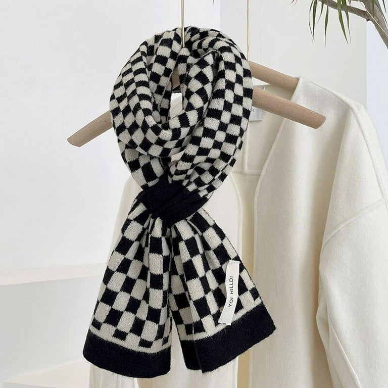 DanceeMangoo Women Black White Checkerboard Scarf Zebra Strip Houndstooth  Neckerchief Warm Knitted Woolen Neck Pashmina Shawl