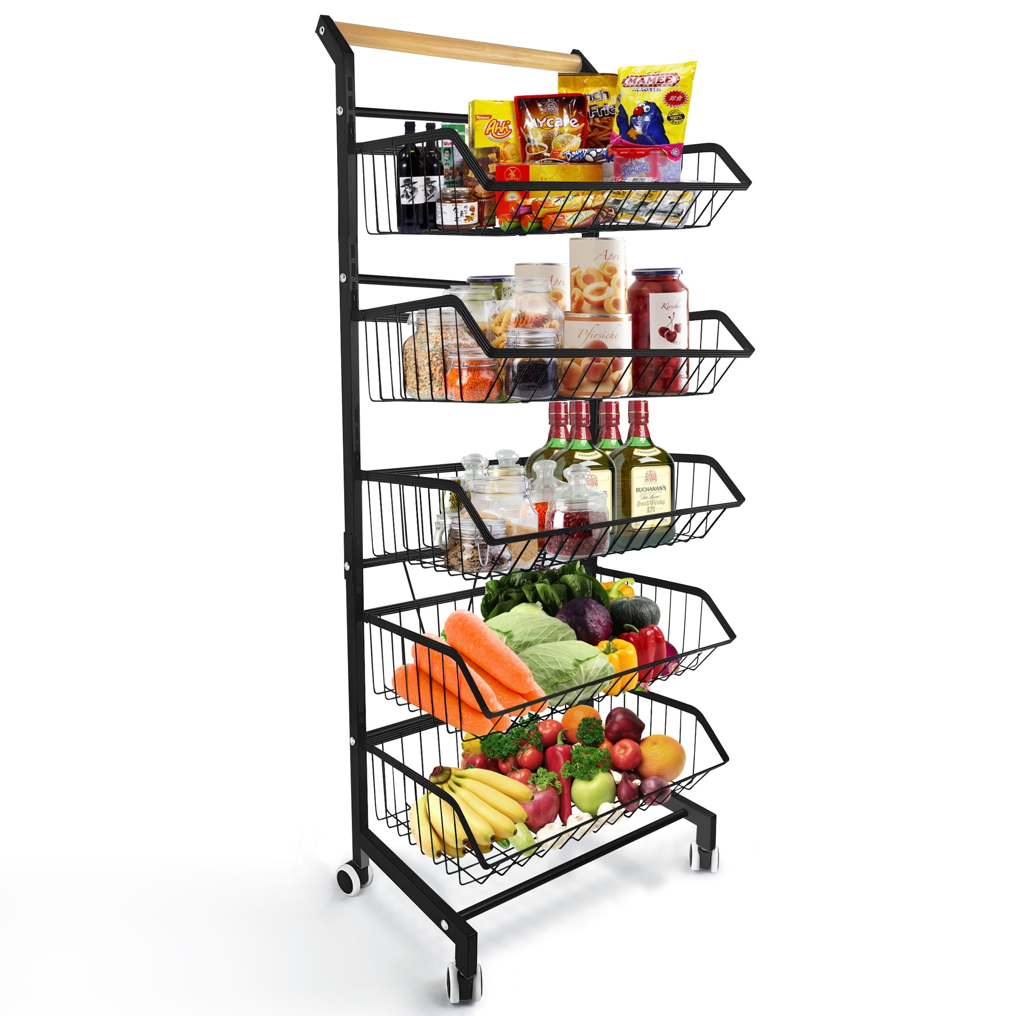 5 tier Rolling Utility Cart with Lockable Wheels, Adjustable Baskets