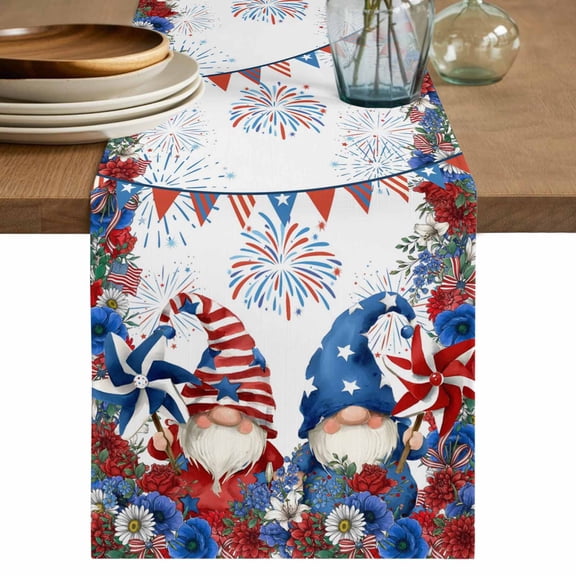 Independence Day Gnomes Table Runner 72 Inches, 4th of July Red Blue Poppy Floral Bed Runner Dresser Scarves Tabletop for Indoor Outdoor Parties/Ceremony/Banquet, 13" x 72"