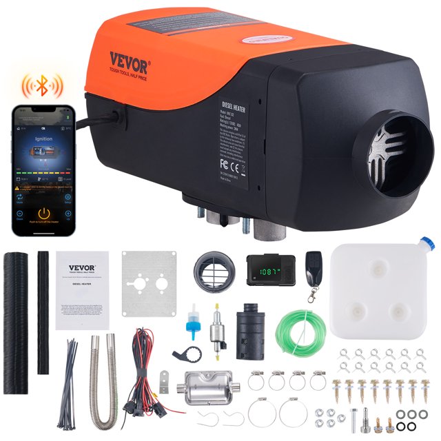 VEVOR Bluetooth App Control Diesel Air Heater, 12V 2KW model with orange and black casing, designed for rapid heating and low noise operation. Features automatic altitude adjustment, remote control, LCD display, and Bluetooth app control. Includes a 10L fuel tank, exhaust pipe, silencer, clamps, wiring harness, and installation kit. Ideal for RVs, trailers, camper vans, boats, and indoor spaces.