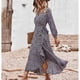 thumbnail image 3 of Vestido largo fluido de manga larga con cuello en V y estampado de flores con volantes y cintura con lazo en niveles para mujer Negro L, 3 of 6