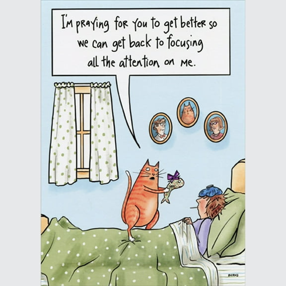 Oatmeal Studios Cat Giving Fish Gift to Sick Woman in Bed Funny / Humorous Get Well Card