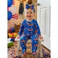 thumbnail image 5 of BemeyourBBs Newborn Baby Girl Boy 4th of July Outfit Footed Romper FootieJumpsuit Infant Baby Patriot Independent Day Clothes American Flag Stripe Print Ruffles Long Sleeve Zipper Romper Headband Set, 5 of 9