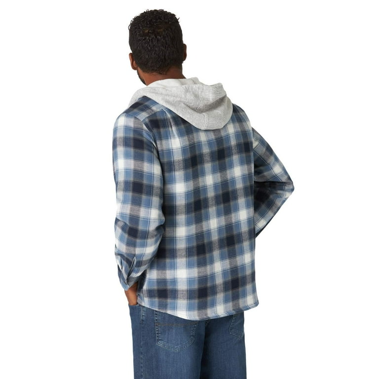 Wrangler Authentics Men s Long Sleeve Quilted Lined Flannel Shirt Jacket with Hood Blue Black Small