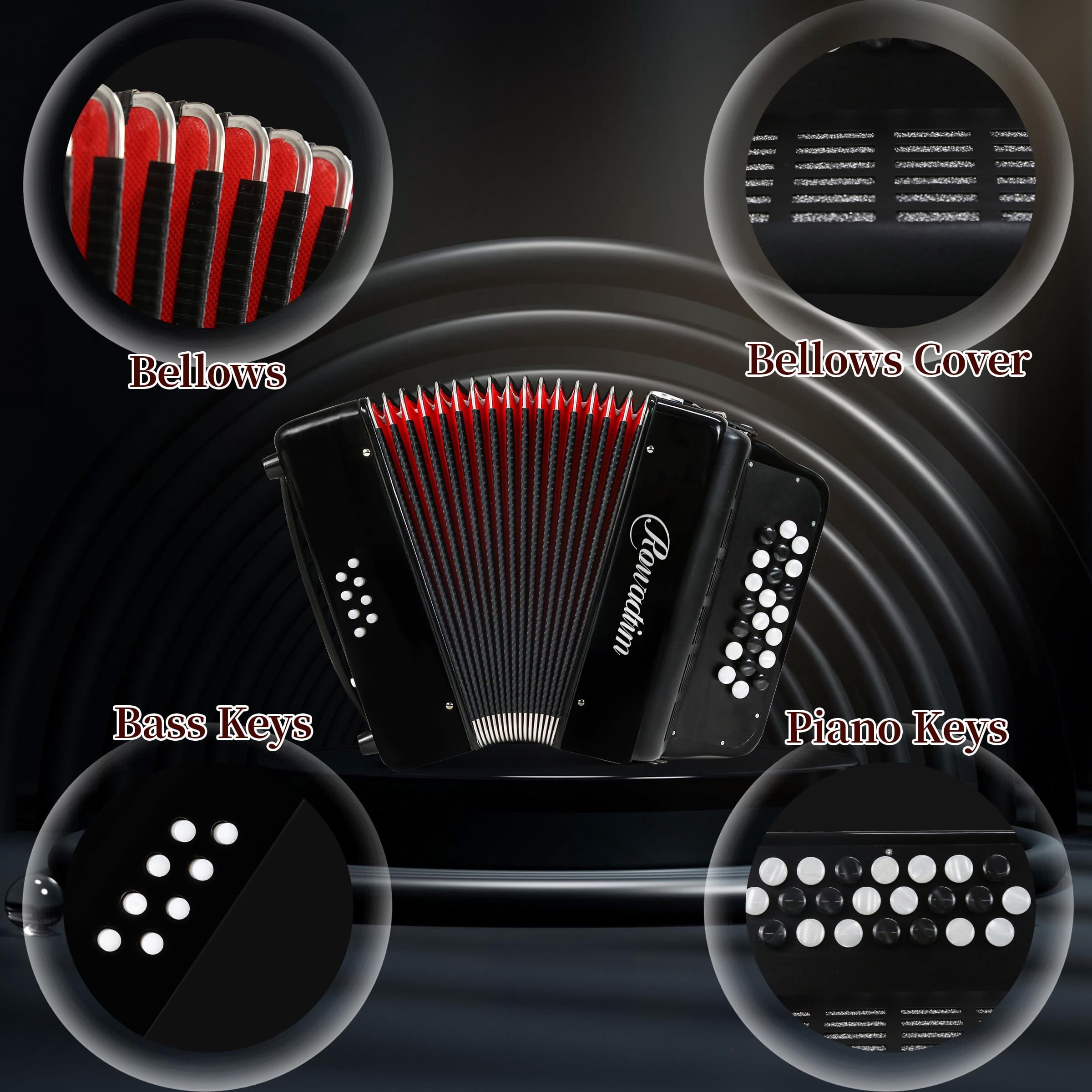 Rowadtim 22 Keys Accordion, 8 Bass Student Piano Accordions Suitable for Beginners and Students; Lightweight and Portable,with Backpack and Adjustable Straps (Black)