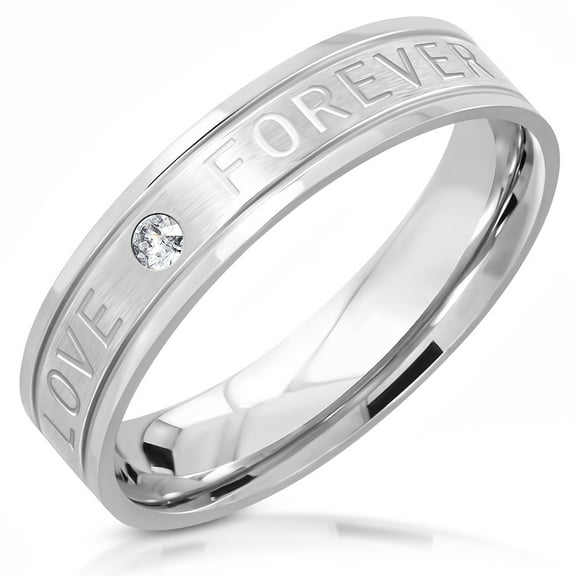 Love Forever Band Ring Silver-Tone Stainless Steel Cubic Zirconia - Size 7