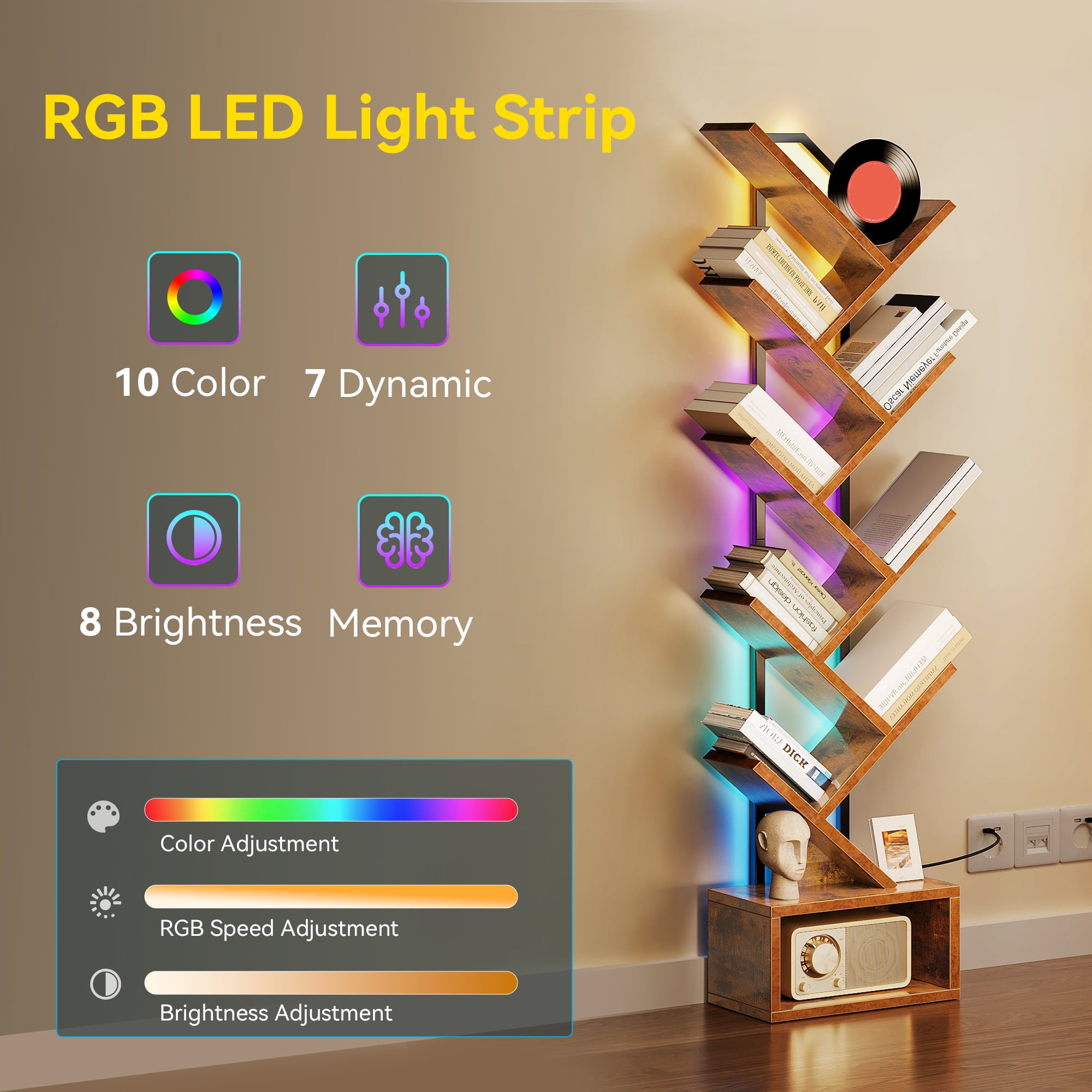 Casacomoda 8 Tier Tree Bookshelf, Bookcase with LED Lights, Display Floor Standing Storage Shelf, Book Organizer Shelves for Home Office, Living Room, Vintage