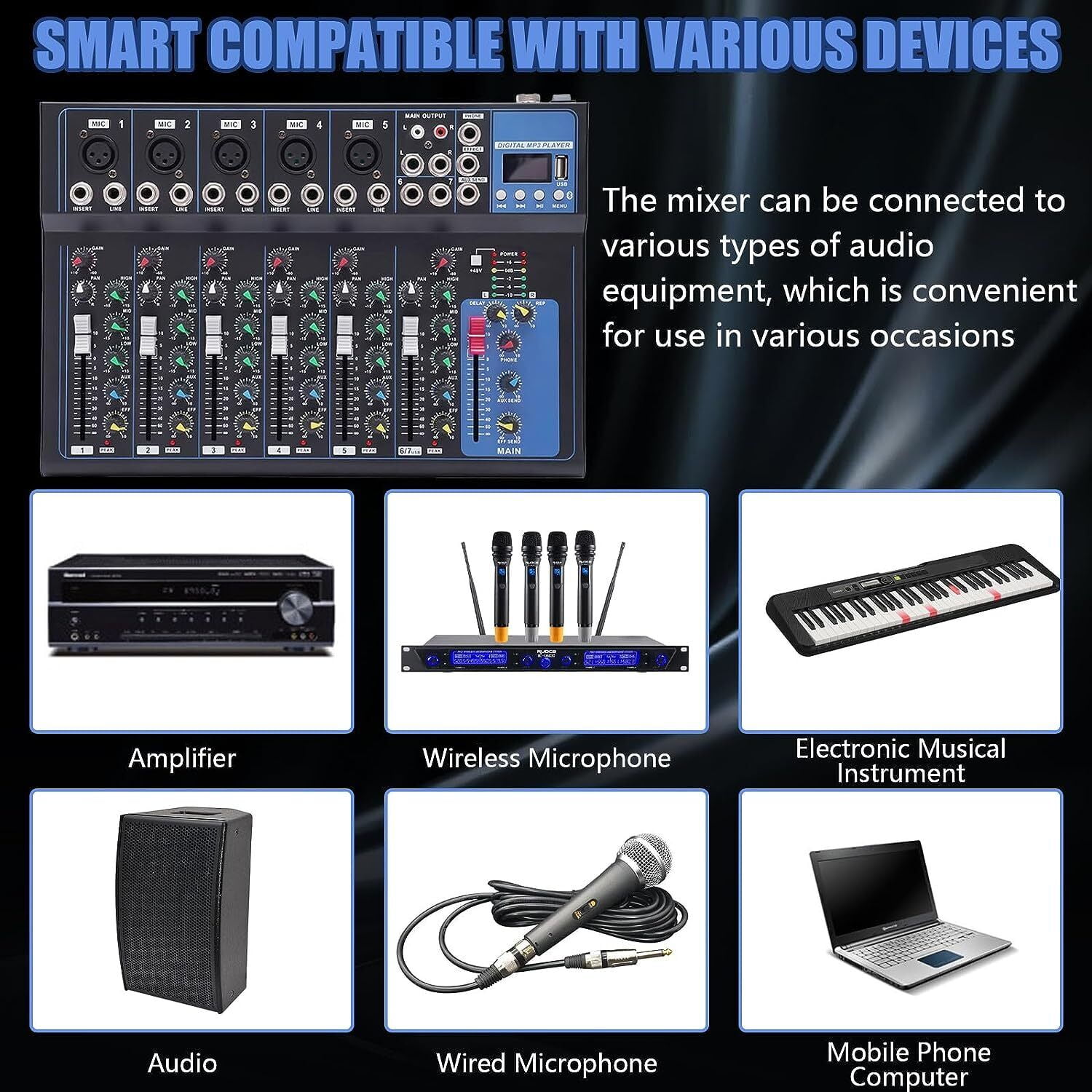Mixer 7 Channels Studio Audio Mixer DJ Live Sound Mixing Console Bluetooth Mixer