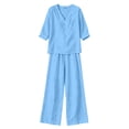 thumbnail image 7 of BRELIL Women Plus Size Summer V Neck Blouse Wide Leg Pants Two Piece Sets Casual Solid Boho Beach Vacation Travel Outfits Loungewear, Blue M, 7 of 7