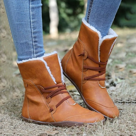 

TALKVE Women Round Solid Retro Color Booties Toe Short Shoes Lace Warm Flat Snow Women s Boots