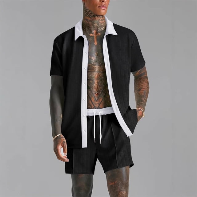 Weiqiqre Men's 2 Piece Vertical Striped Textured Outfits Summer Casual Button Down Shirts And Pants Matching Sets