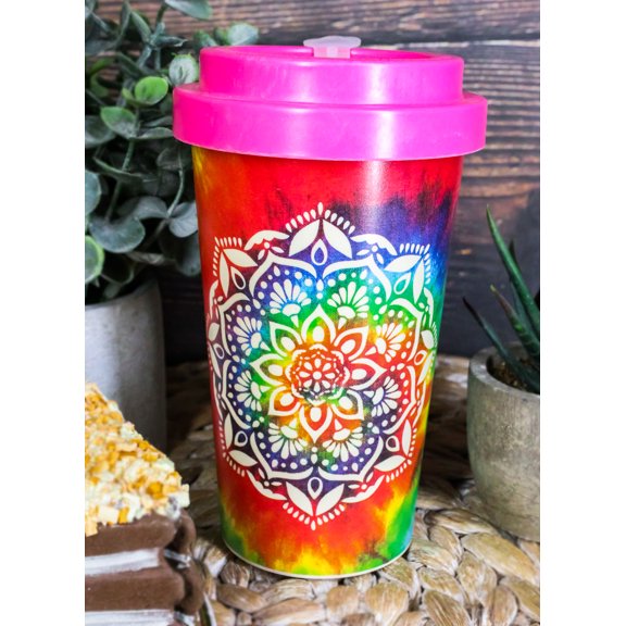 Sacred Rainbow Tie Dye Mandala Flower Reusable Travel Mug Cup W/ Lid And Sleeve