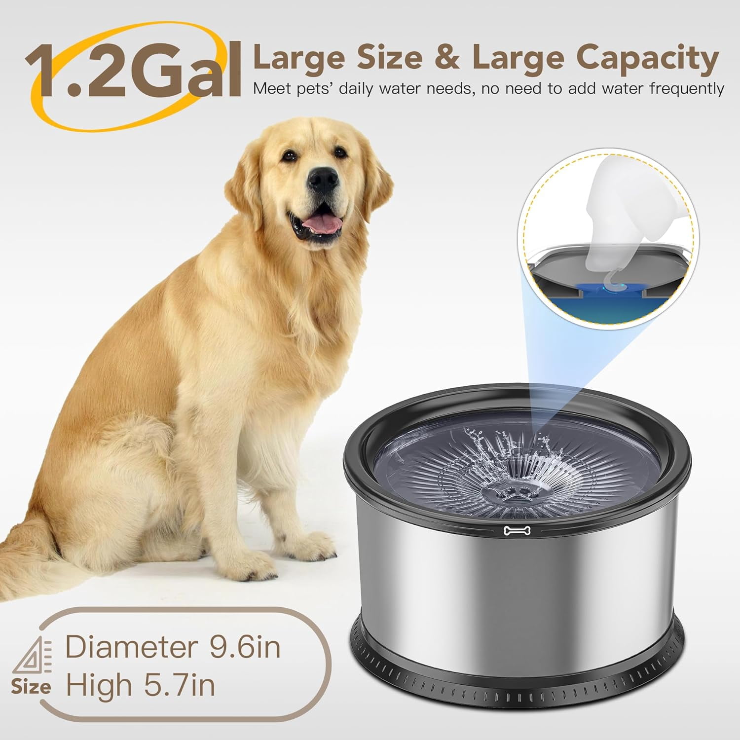 1.6 Gallon Dog Water Bowl, 6.5L/220oz Stainless Steel No Spill Water Bowls for Large Dogs, Super Large Capacity Splash Proof Pet Slow Drinking Water Bowl with Anti-Slip Mat for Mess Drinkers