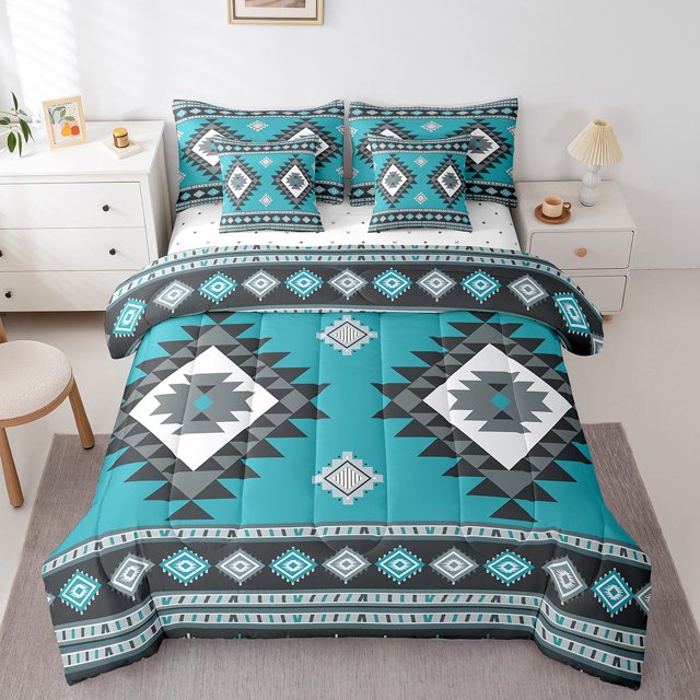 Erosebridal Boho Aztec Bedding Sets King Size, Retro Geometry Comforter Sets with Sheets, Tribal Hippie Style Decor, 7pcs
