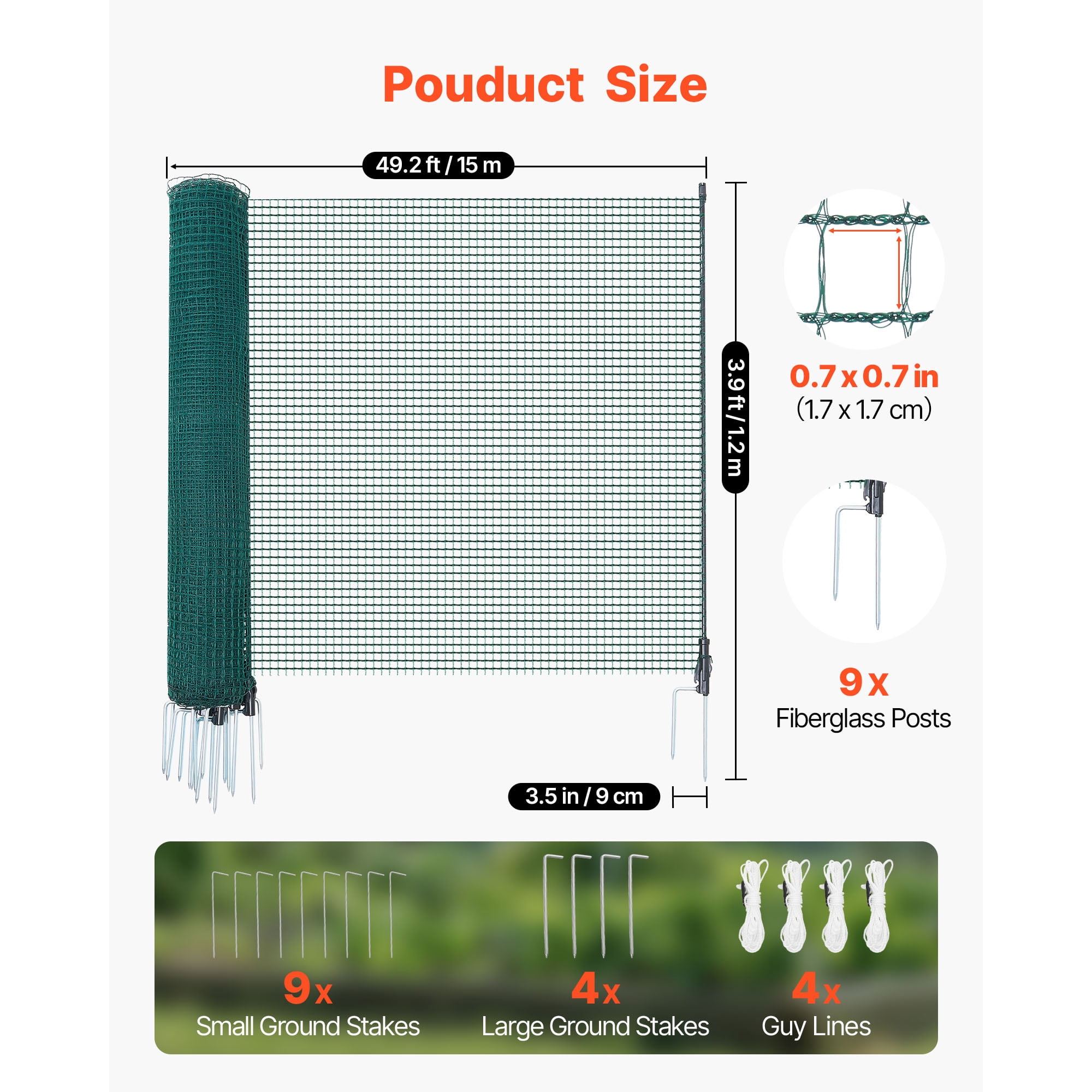 KFFKFF Temporary Fence with Posts, 3.9 x 49.2 FT Plastic Mesh Fencing, Garden Safety Netting with Double-Spike Stakes & Guy Ropes, Portable Barrier for Pets, Poultry, Plants, and Outdoor Spaces