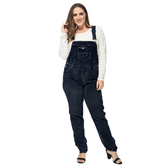 Women's Plus Size Adjustable Strap Denim Bib Overalls Jumpsuits with Pockets, Indigo, X-Large
