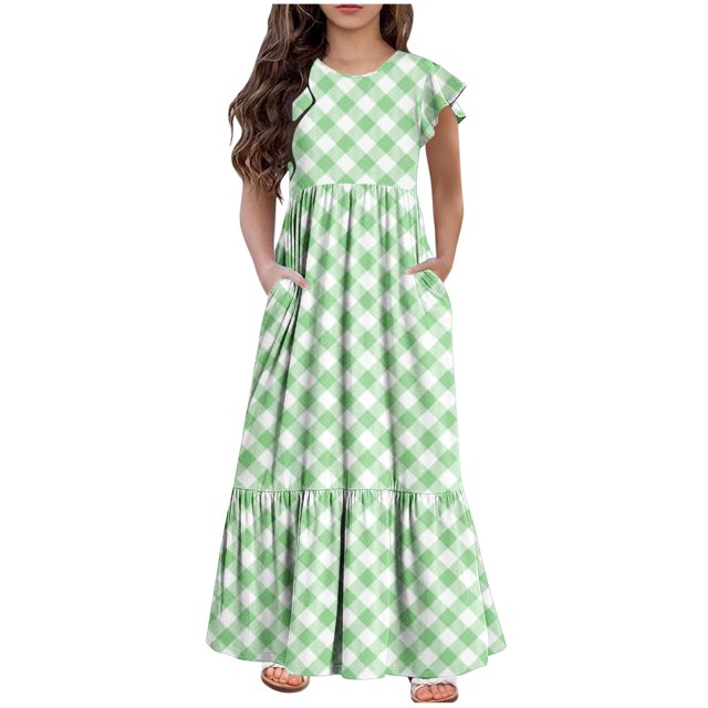 Bwiyojiz Robe d'Été pour Filles, Tailles Mode 130-160, Manches Courtes, Col Rond, Couleur Unie, Vert