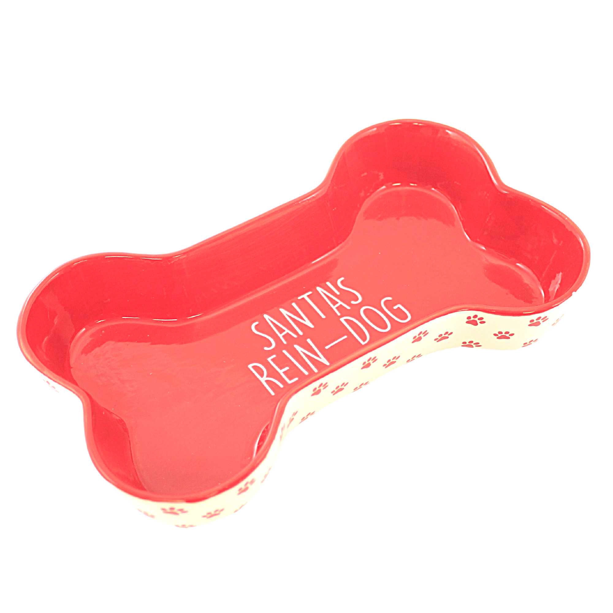 Transpac Holiday Pet Bowls - One Bowl 1.75 Inch, Ceramic - Bone Shape Paw Prints Y9088 Red