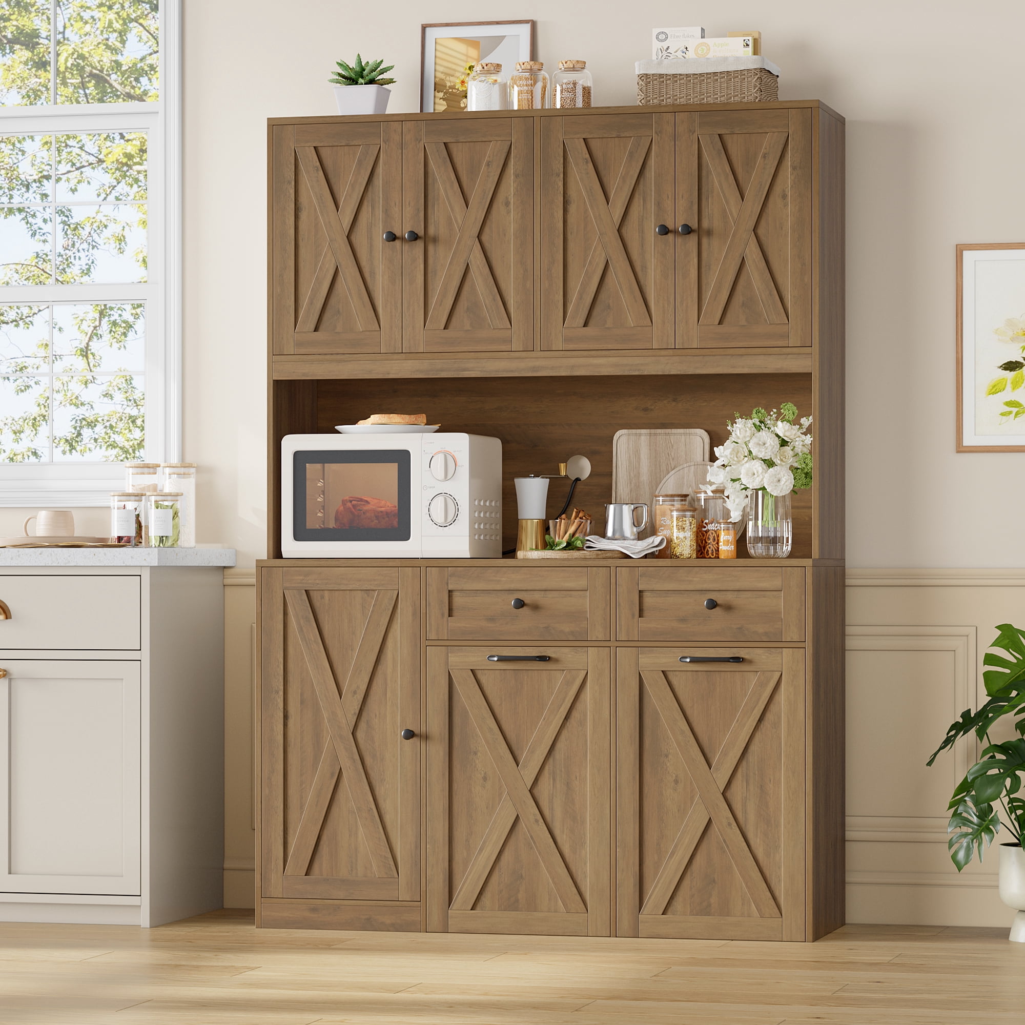 Homfa Kitchen Pantry Cabinet, Trash Can Cabinets Fits 12.5 Gallon Can, 5 Door 2 Drawer Kitchen Storage Cabinet with Hutch, Freestanding Cupboard, Rustic Brown