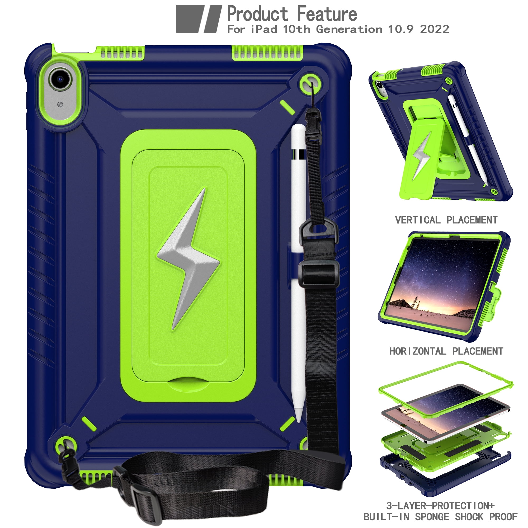 ELEHOLD For Apple iPad 11th(A16)/10th 10.9 Inch Case,Rugged Shockproof 3-Layer Kickstand Pencil Holder Protective Case with Shoulder Strap for Kids, School, Outdoor Travel,Navyblueolivine